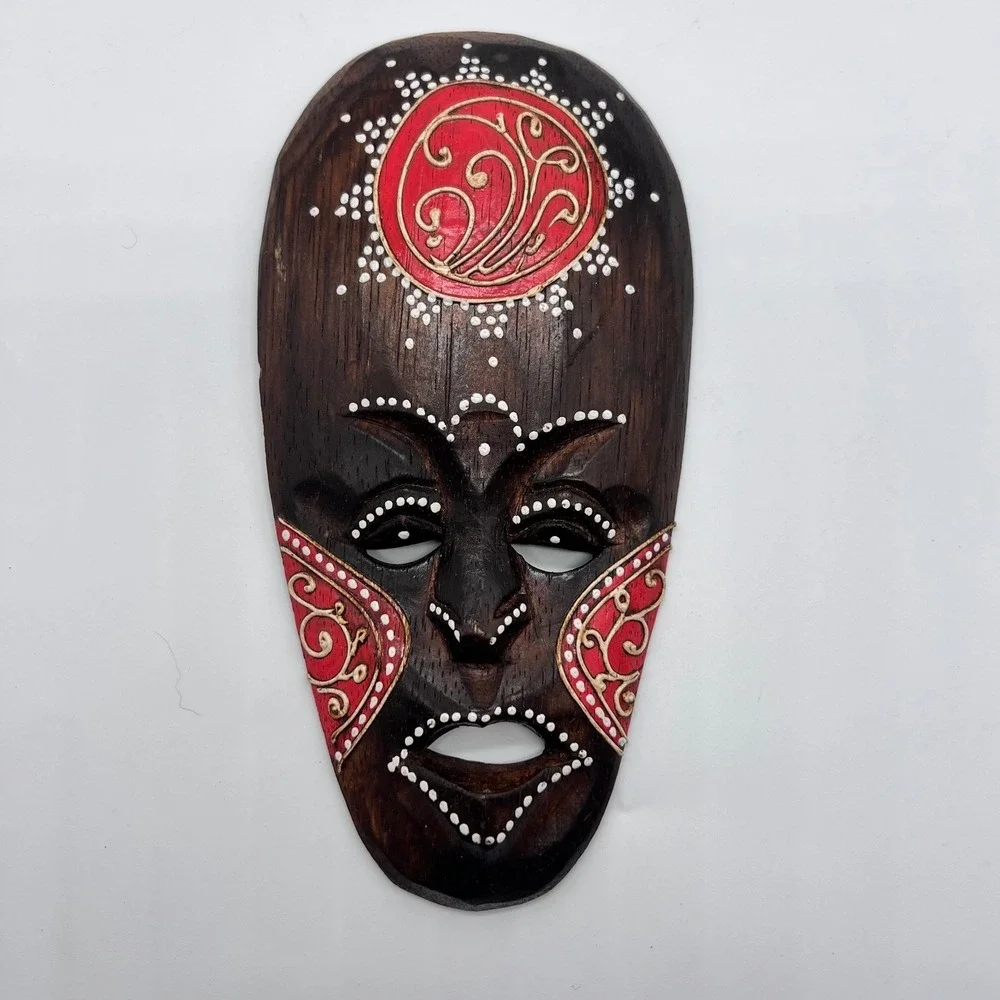 Tiki Mask Hand Carved & Painted Wood Brown Red White Dot Tribal Indonesia Art